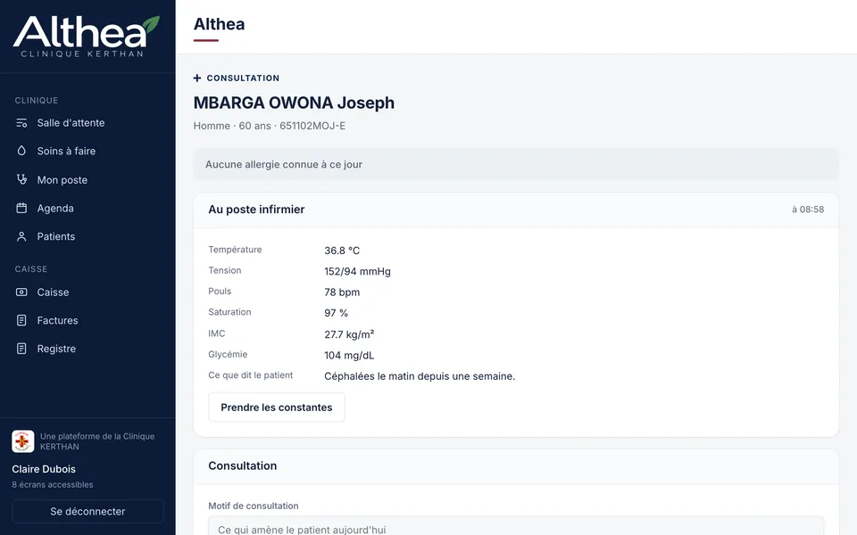 Althea, la consultation : les constantes prises à l’infirmerie, avant la note du médecin