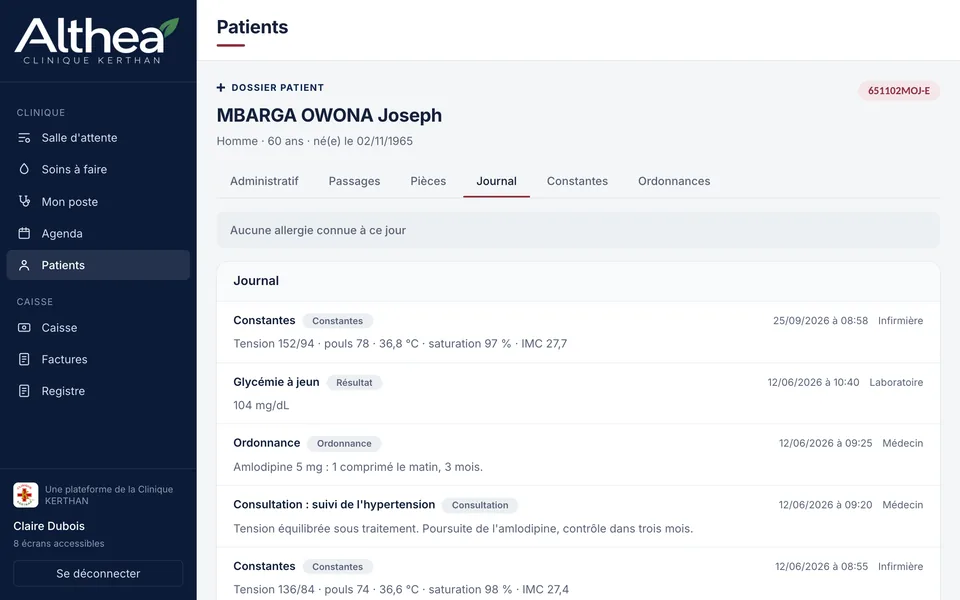 Althea, le dossier patient : le journal des constantes, résultats, ordonnances et consultations